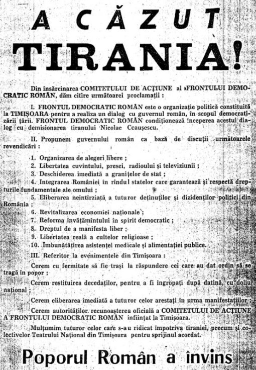 The Proclamation of the Romanian Democratic Front, December 20, 1989, Timisoara